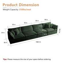 Luxury Modular Sectional Sofa, 146.5" Modern Chenille Comfy Cloud Couches For Living Room Office, 4 Seater Deep Sofa With 2 Armrest Pillows And 4 Toss Pillows, Green - xanh lá cây 4 chỗ - Xem 2