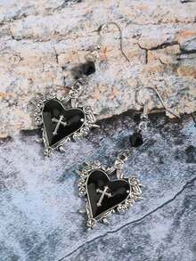 Gothic Style Cross, Heart, Rose Flower, Bow Knot, Thorn Pendant Black Beaded Y2K Hoop Earrings For Women - Silver - View 4