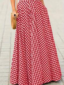 Women's Elegant Plaid Pattern Skirt, High Waist Wide Hem Flowy A-Line Skirt, Spring & Summer - Red - View 4