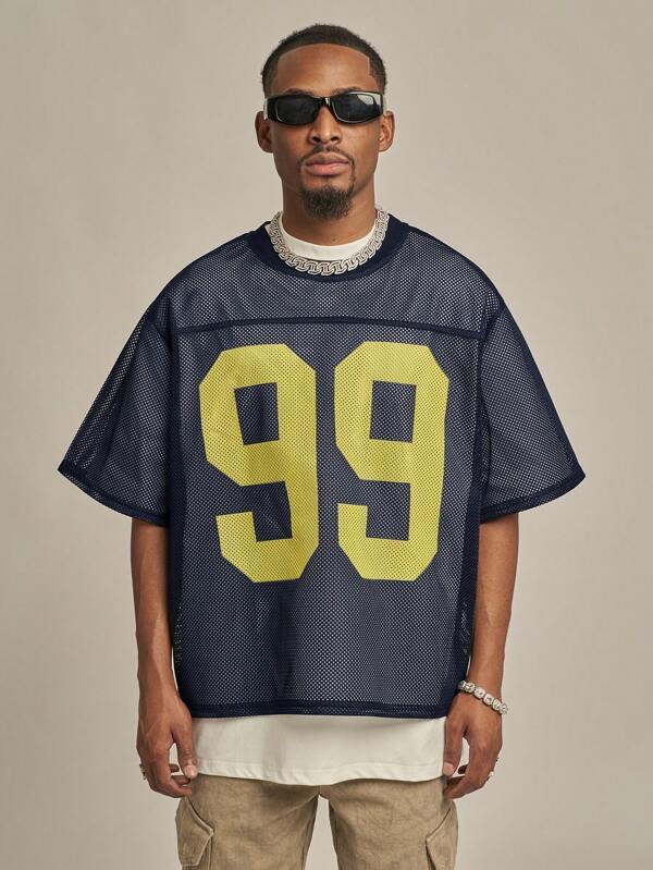 MT99 MT99 Breathable Mesh Short Sleeve American Hip Hop Casual Undershirt, Summer Sports Layering Top, Navy Blue