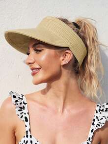 1pc Straw Visor Hats For Women, Foldable Wide Brim Roll-Up Beach Ponytail Hats Sun Protection Raffia Straw Hat For Golf - Khaki - View 12