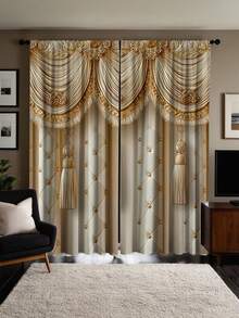 2 Pcs Elegant European Style Semi-Sheer Printed Curtains - Warm Gold Color Rod Pocket Curtains With Tassel Details, Suitable For Bedroom, Kitchen, Bathroom, Living Room - Fashionable Privacy Decor, Luxury Bedroom Curtains Design, Durable Polyester, Living Room Curtains - Multicolor - View 6