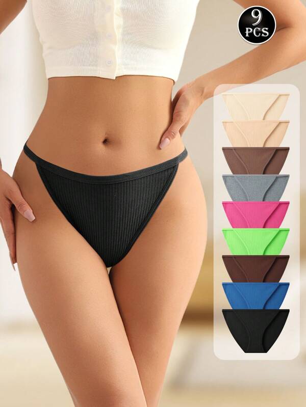 9pcs Fashionable Side-Strap Sexy Triangle Briefs Ensemble, Fashionable Dopamine Color Series, Soft & Comfortable Cotton Ladies Underwear