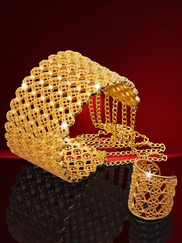 2pcs 18K Gold Plated Alloy Bracelet & Ring Set, Fashion Jewelry Suit For Wedding, Party