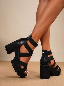 时尚女士黑色复古罗马粗跟休闲度假平底凉鞋 - 黑色 - 查看 3