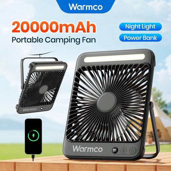 Warmco Warmco 8" 20000mAh Portable Camping Fan With Light,Desk Fan Rechargeable, 48Hrs Max Run Time, Silent Thin Battery Operated Personal Fan With Digital Display For Office,Travel,Bedroom,Outdoor