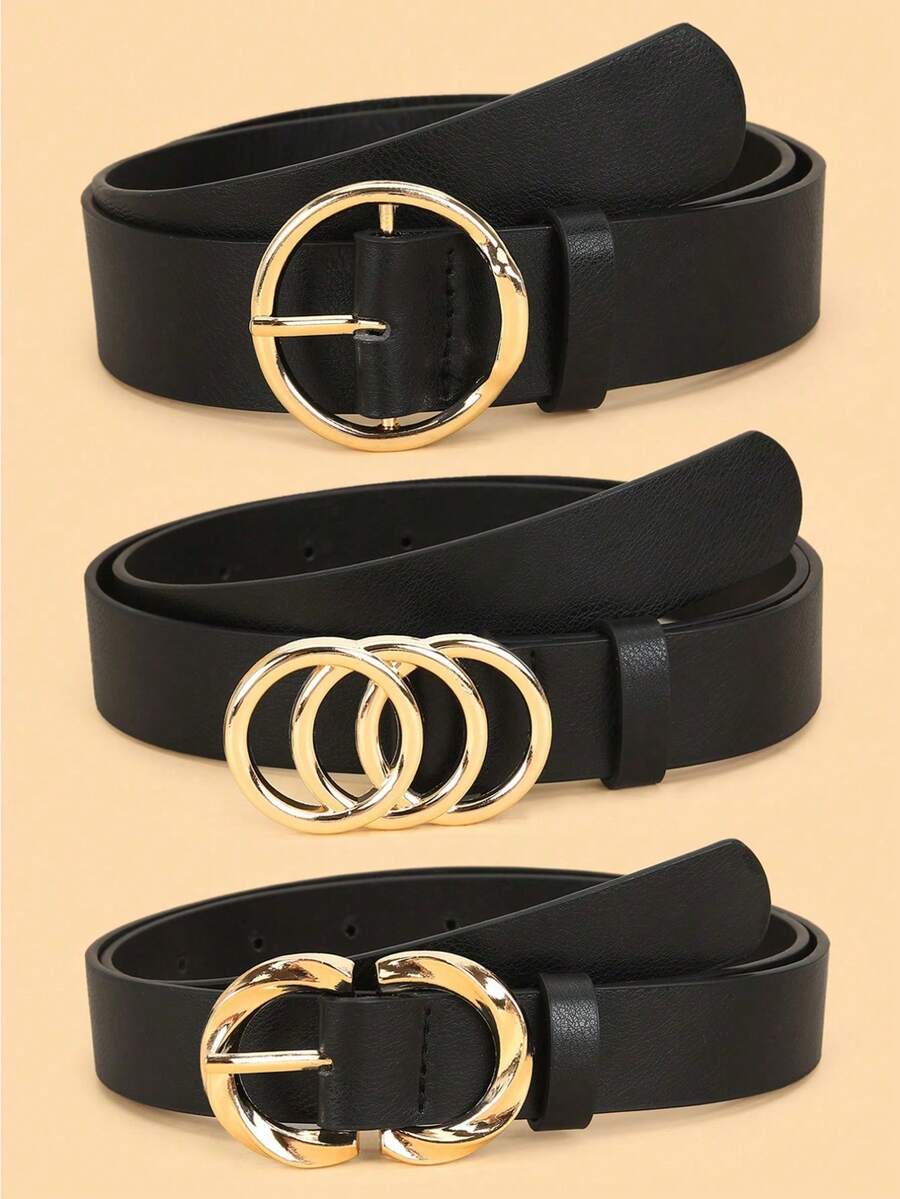 3 Stücke/Set Minimalistische vielseitige Gürtel für Damen, geeignet für Kleider, klassisches Design mit dreifacher, doppelter oder einzelner Metallschnalle, einfarbiger eleganter Taillengürtel, Alltagsaccessoire für Herbst und Halloween - Verschiedenfarbig - Übersicht 1