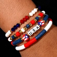 3 Stücke Boho-Stil USA Buchstaben Perlenarmband Set, Schmuckzubehör für Frauen, Sommer