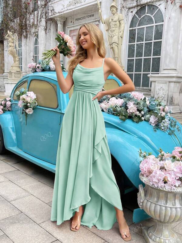 QOQ Elegant Simple Women Wedding Formal Dress Summer Bridesmaid Gown For Weddings, Guest, Dinner, Formal Events, Engagement Party, Lawn Wedding Solid Color Cowl Neck Asymmetric Hem Halter Bridesmaid Long Dresses