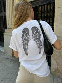 Maglietta da donna nuova arrivata per la primavera/estate con stampa ad ali, collo rotondo, maniche corte, di moda per un uso casual quotidiano, outfit personalizzato