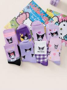 Sanrio 2/4/8 paires de chaussettes mi-mollet mixtes à motifs de dessins animés Sanrio Kuromi, confortables et respirantes, convenant pour le style casual, Lolita, l'uniforme scolaire JK et le port quotidien