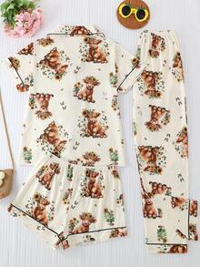 [Bộ đồ ngủ Livanti] Bộ 3 món dành cho nữ, gồm quần short và quần dài, áo sơ mi cổ bẻ cài nút, họa tiết bò sữa dễ thương, dáng rộng thoải mái, phù hợp cho mọi mùa, đồ mặc nhà. - Màu be - Xem 3