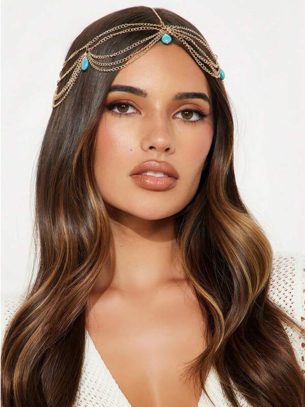1 قطعة شريط رأس بوهيمي أخضر فيروزي عتيق بسيط مع سلسلة ذهبية، إكسسوارات شعر، قطع رأس مجوهرات، مجوهرات شعر، للزفاف