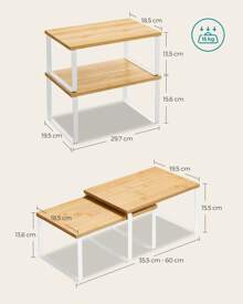 Étagère à Épices, Lot de 2, Organisateur de Placard, Étagère de Rangement de Cuisine Extensible, Porte-épices Empilable, Métal, Bois d'Ingénierie, Blanc Nuage et Beige Naturel