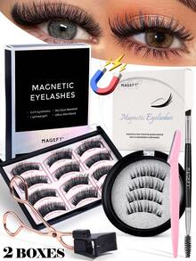 MAGEFY 4/3/1 对 CC 卷磁性眼线笔和磁性睫毛套装，含磁性夹 + 粉色眉毛修剪器 + 睫毛夹，混合风格，无胶，自然外观可重复使用假睫毛，6-13 毫米仿貂皮睫毛适合日常佩戴，防水，漫画睫毛，细长眼尾放大双眼，蓬松纤细，适合日常使用漫画睫毛，2025 年夏季旅行必备品，海滩度假，露营旅行 - 眼尾拉長款 - 查看 1