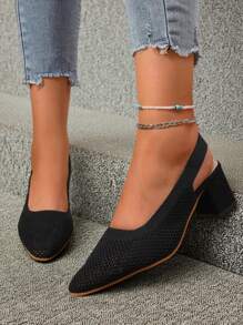 Knitted Mesh Cap Toe Back Strap Summer New Versatile Temperament Pointed Toe Low Vamp Side Hollow Thick Heel Sandals For Women