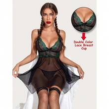 Women Lingerie Lace Babydoll Mesh Nightgown Chemise Boudoir Nighty Sleepwear - 黑色和綠色 - 查看 2