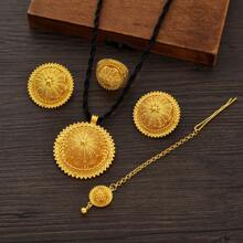6 Peças/Conjunto Clássico Árabe Conjunto de Joias Cor Dourada: Colar Flor Pingente Anel Brincos Pulseira Headchain Tiara, Para Noiva Africana Casamento, Presente de Festa de Feriado