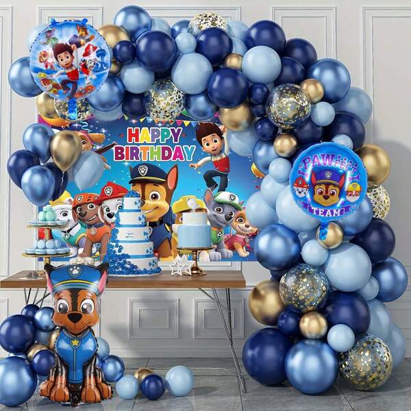 Paw Patrol Authorized 129Pcs Paw Patrol Cartoon Brave City Search And Rescue Dog Theme Birthday Party Balloon Decoration Arched Frame Set, Sitting Rescue Dog Cartoon Shape Aluminum Foil Balloon Party Supplies Set, 1PC Cute Paw Patrol Theme Background Banner Happy Birthday Balloon Set