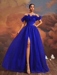 VIPGIRL Elegant Mesh Long Evening Dress Formal Prom Wedding Guest Gown, For Graduation, Dinner Party Dress Spring - Royal Blue - View 6