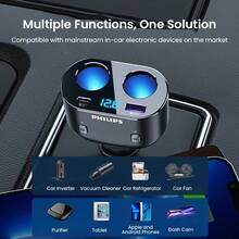 PHILIPS 飞利浦四合一点烟器分线器 QC3.0 PD30W 双 USB 充电端口带独立开关多功能车载充电器 USB 车载充电器 快速充电转换器