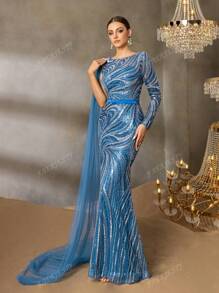 Round-Neck Long-Sleeve Beaded Sequin Evening Gown With Sheer Organza Cape, High-Slit Fish-Tail Hem Elegant Dress – Perfect For Red Carpet Galas, Black-Tie Weddings, Gala Dinners, Charity Balls, And Formal Award Ceremonies
