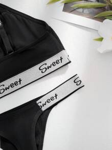 Women's Black Wirefree Sports Lingerie Bra & Thong Set, Comfortable, With Metallic Letter Decor
