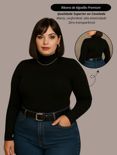 Blusa plus size feminina gola alta sem manga canelado ribana premium outono inverno