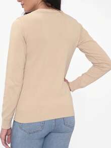 Cold Weather Knitted Sweater Top V Neck Plain Basic Long Sleeve Winter Women Simple Knitwear Knitted Daily Autumn Long Sleeve - Sand - View 4