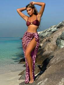 Conjunto de bikini de verano para mujer con traje de baño dividido y una falda de red retro de tres piezas para resort