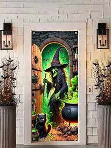 1 pieza - Cubierta de puerta de bruja de Halloween de 180cm x 90cm con cuerda, decoración de puerta de Halloween, fondo de fotografía de miedo, adecuada para suministros de fiesta de Halloween, decoración interior y exterior para colgar - Multicolor - Ver 3