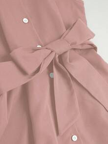 Gaun Kemeja Elegan Lengan Pendek Kasual Wanita Warna Polos untuk Musim Panas - Dusty Pink - View 5