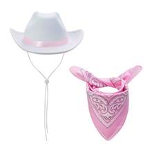 Adjustable Chin Strap Cowboy Hats Cowgirl Hat With Scarf For Women Girls Cowboy Costume Theme Party - 白色帽子粉紅色絲帶 - 查看 2
