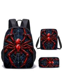 3 pièces Set de sacs à dos, Imprimé araignée/Imprimé jeu, Unisexe, Sac à déjeuner, Trousse, Sac à dos