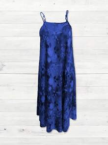 春夏加大码女士优雅印花无袖V领连衣裙搭配七分袖薄纱开衫两件套，完美适用于浪漫婚礼、新年装扮、休闲外出、咖啡约会等场合。 - 寶藍色 - 查看 4