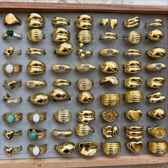 6 件套混合金属戒指，镶嵌宝石装饰，女士珠宝戒指套装