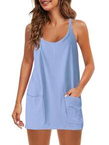 Womens Sleeveless Athletic Hot Shot Mini Dress With Built-In Shorts Sundress - 藍色 - 查看 3