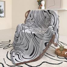 1pc Ripple Pattern Fringed Woven Blanket, Suitable For Sofa, Nap, Air Conditioning, Car, Wall Hanging, Picnic, Camping, Thick & Soft, Washable, Colorfast & Pill-Resistant, For Home Decor & Outdoor Use