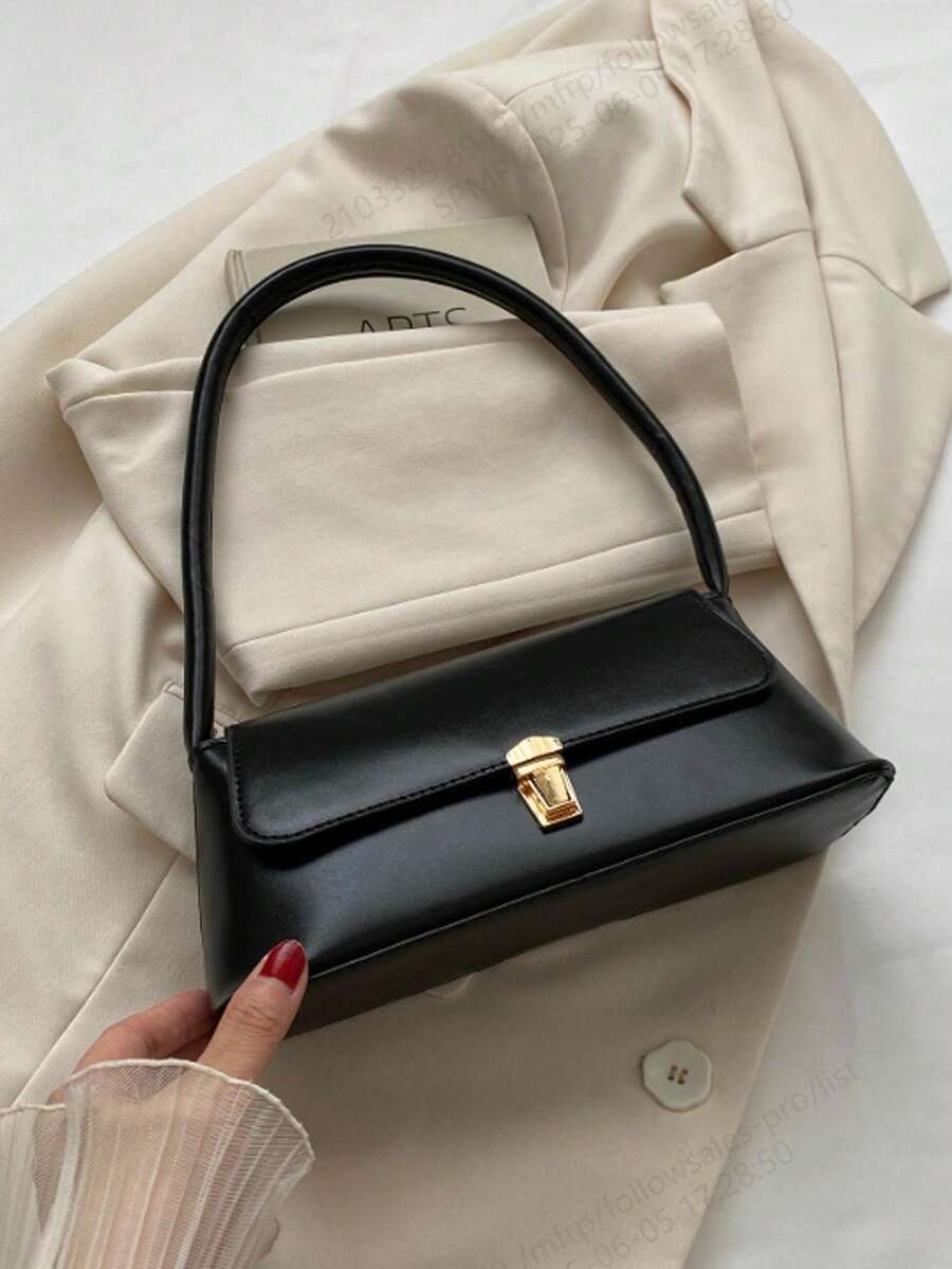 Miękka skóra ekologiczna z metalowym zamkiem, ozdoba w kształcie muszli, torebka typu bagietka w stylu vintage, damska torba na ramię, nowa torebka damska, mała torebka, mała torebka kwadratowa - Czarne - Zobacz 1