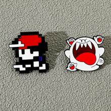 SuperMario 2 件套卡通可爱创意像素风马里奥金属徽章合金胸针配饰背包适合学校 - 彩色 - 查看 5