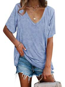 Camisetas de mujer de manga corta, sueltas y casuales para el verano con bolsillo - Rosa Pálido - Ver 8