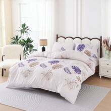 3Pcs Purple & Coffee Tropical Plant Leaf Quilt Set (2*Pillowcase, 1*Duvet Cover, No Core) Simple And Fresh Bedding, Super Soft And Comfortable, Zipper Sealing, Universal For All Seasons, Ideal For Decorating Bedrooms, Rooms And Dormitories.