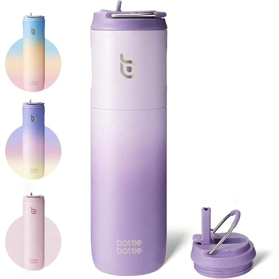 New-88 Insulated Water Bottle 24oz Straw Lid And Handle For Sports Travel Gym Stainls Steel Water Bottl Double-Wall Vacuum Metal Le Proof - - purple ient - View 1