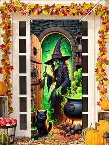 1 pieza - Cubierta de puerta de bruja de Halloween de 180cm x 90cm con cuerda, decoración de puerta de Halloween, fondo de fotografía de miedo, adecuada para suministros de fiesta de Halloween, decoración interior y exterior para colgar - Multicolor - Ver 1