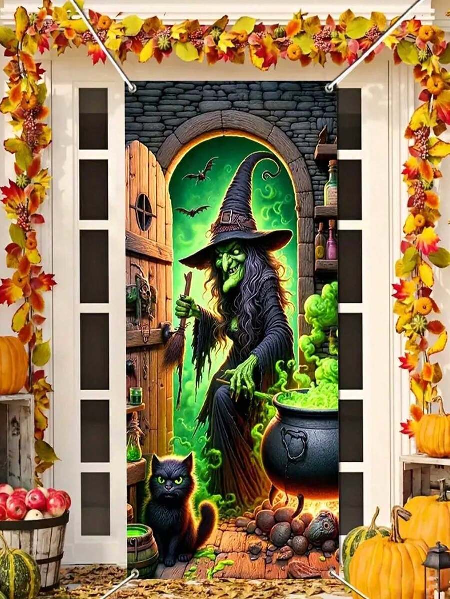1 pieza - Cubierta de puerta de bruja de Halloween de 180cm x 90cm con cuerda, decoración de puerta de Halloween, fondo de fotografía de miedo, adecuada para suministros de fiesta de Halloween, decoración interior y exterior para colgar - Multicolor - Ver 1