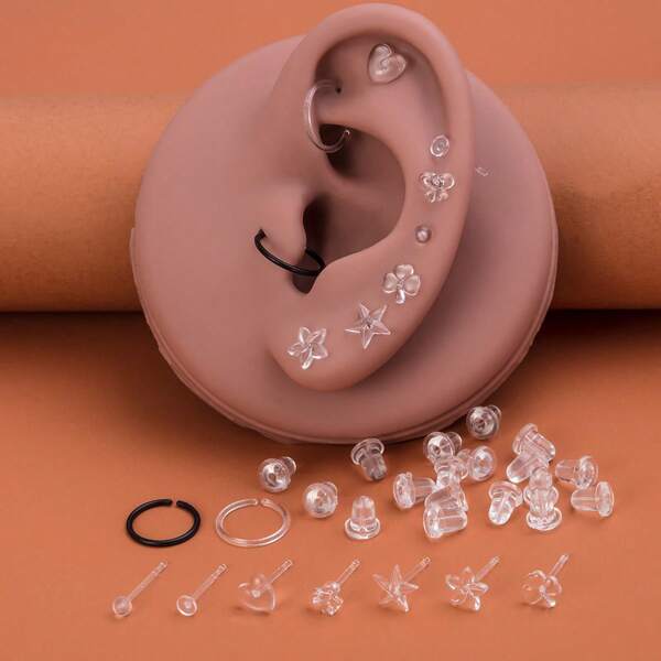 9 Pairs Simplicity Casual Heart & Star Resin Ear Stud, Tragus Cartilage Helix Stud Earrings, Kawaii Clear Style