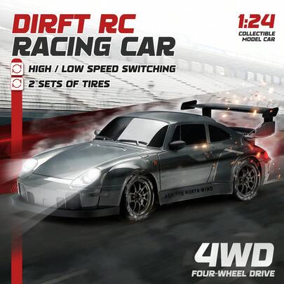 1:24 Escala Coche de Carreras de Drift Control Remoto, Coche RC 2.4G, Velocidad Máxima talla grande de 20km/H, Coche de Carreras de Alta Velocidad, Coche de Drift con Neumáticos de Drift, Obstáculos y Luces, Adecuado para Navidad