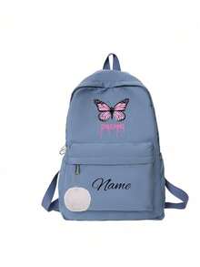 Customizable Name Or Holiday Greeting Fitness Backpack For Back To School Season. New Arrival, Casual And Versatile, Cute Butterfly Print, Nylon Zipper Material. You Can Customize Name, Letter, Lucky Number, Etc. Can Be Given As A Birthday Gift To A Friend's Daughter, Also As A Commemorative Bag, Gift, Anniversary Present. - Pink Butterfly + White Fur Ball Pendant - View 16