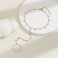 1pc Gold Boho Sparkle Crystal Star Linked Finger Chain Bracelet