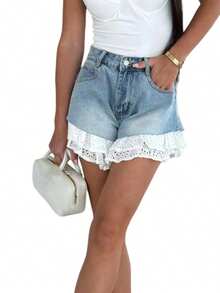 Women's Spliced Lace Denim Shorts Delicate Lace Splicing Design, Combined With Mid-High Waist And Wide-Legged Silhouette And Ruffled Pockets Details, Showing Elegance And Street Fashion Style, Suitable For Summer Wear, Showing The Charm Of Personality - 藍色 - 查看 6